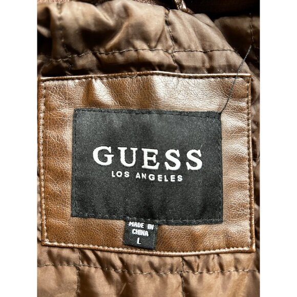Guess Moto Hoodie Jacket Mens Large Faux Leather Brown Hooded Removable Insert - Picture 7 of 14
